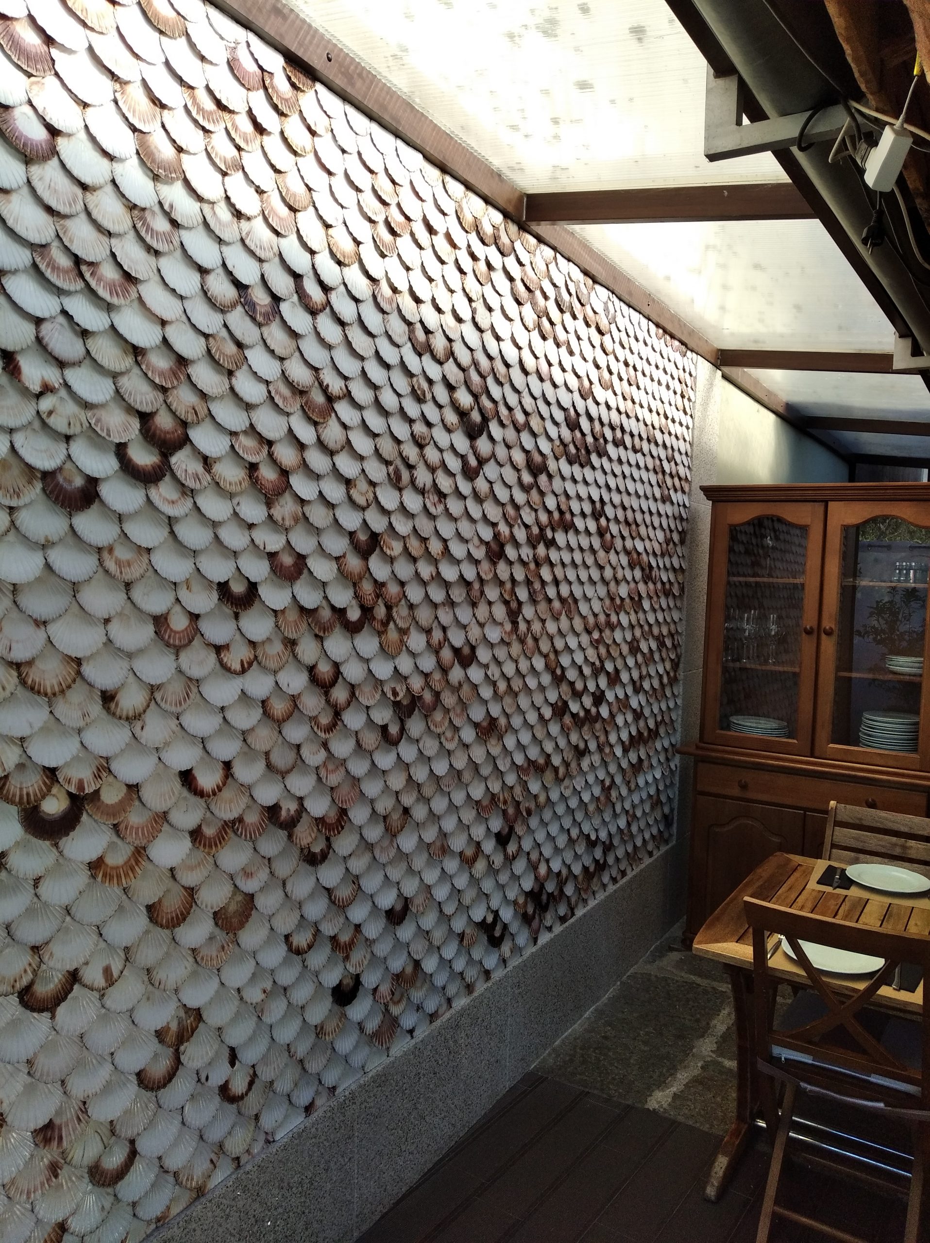 pared cubierta con conchas de vieira